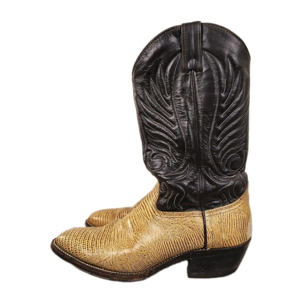 Justin Teju Lizard Western Cowboy Boots Mens 8.5B Tan Made In USA S-7771 Vintage